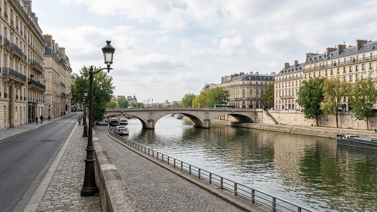 AI-generated photorealistic context: A wide street-level view beside the Seine in Paris, with classic Parisian stone buildings and a bridge